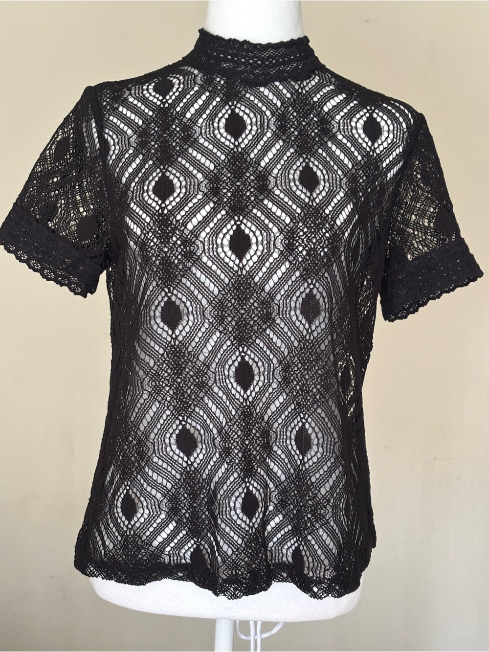 Haute Monde Black Lace Mock Neck Short Sleeve Top